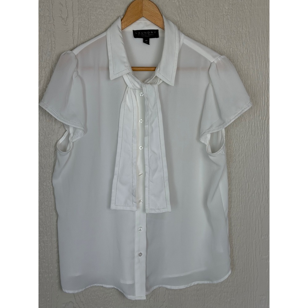 Laundry by Shelli Segal White Short Sleeve Button Up Tie Neck Blouse Large